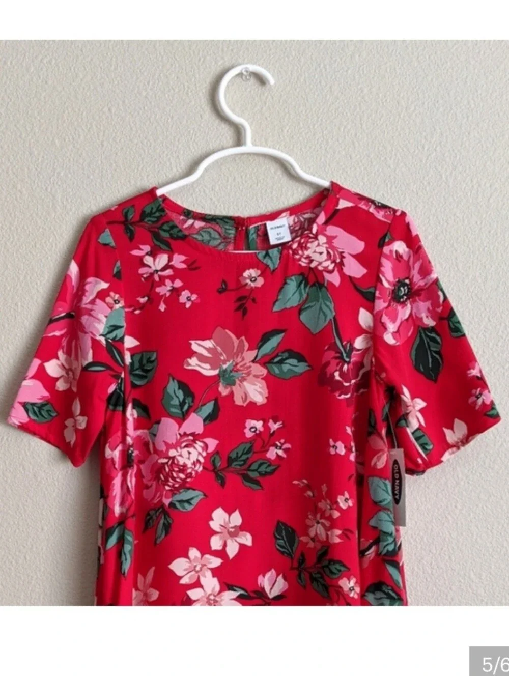 Old Navy Girl's 5T Wow Shift Dress Red Empire Apple Floral Print Short Sleeve